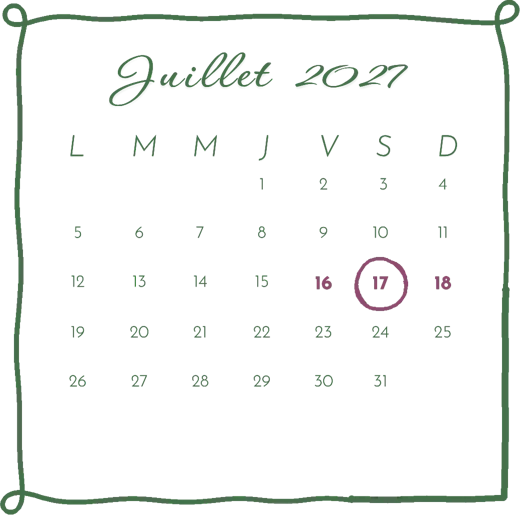 Calendrier de juillet 2027 : le samedi 17 est entouré, le vendredi 16 et le dimanche 18 sont en couleur